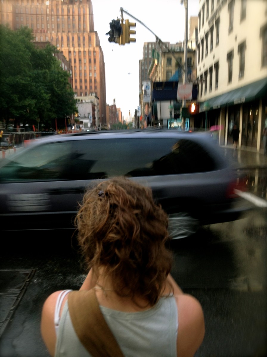 girl, van, buildings, sky